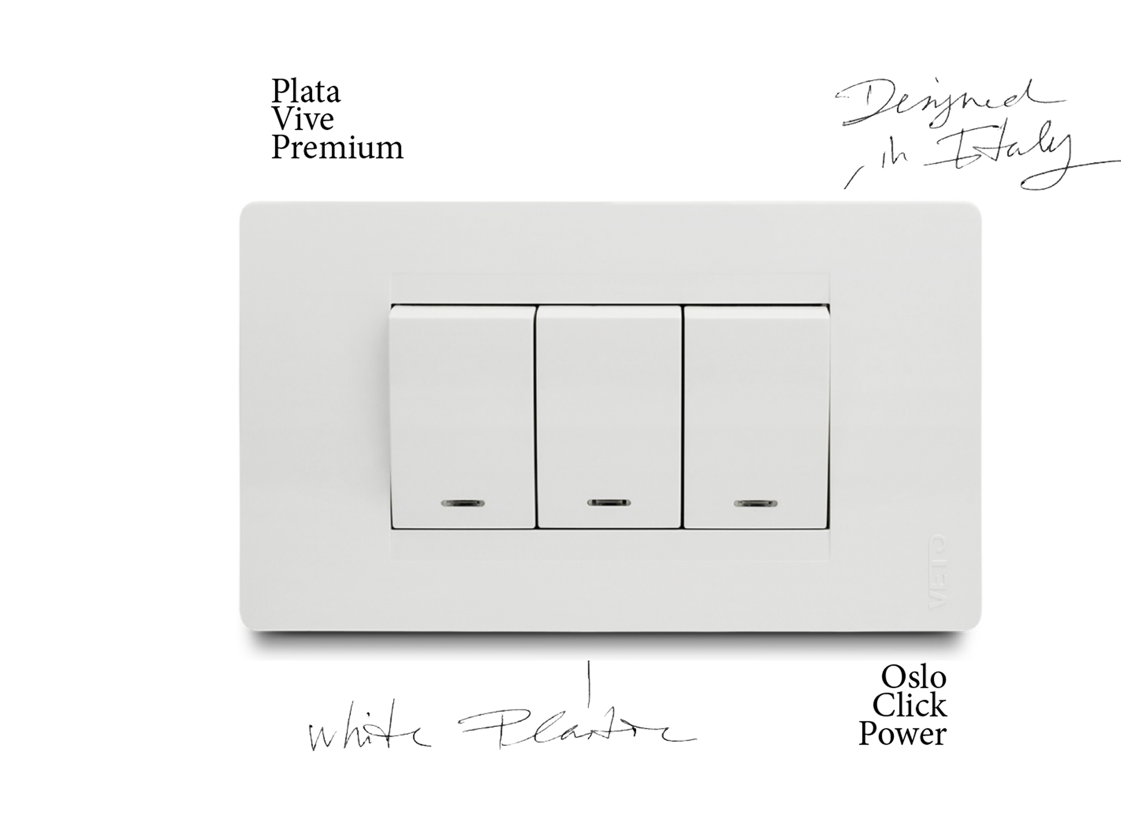 White 3-gang switch plate with Plata Vive Premium annotations